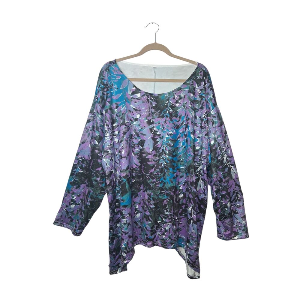 Purple & Teal Leaf Print Handkerchief Hem Tunic Top - US 3X (Asian 5X)